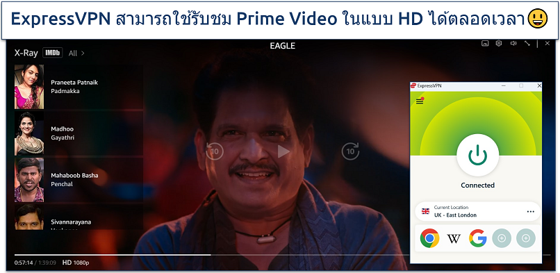 A screenshot of Eagle streaming on Prime Video with ExpressVPN connected to a UK server