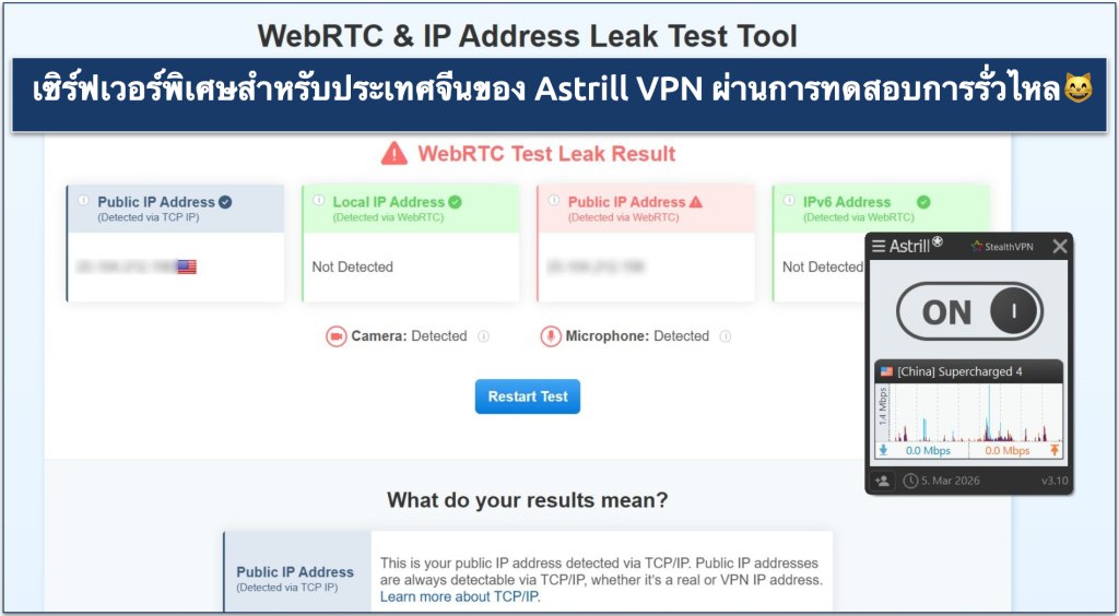 Screenshot showing Astrill VPN passed IP/DNS/WebRTC leak tests